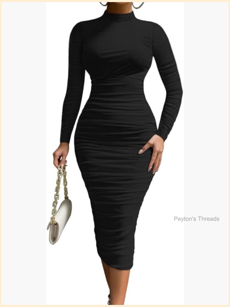 Women's Cocktail Bodycon Long Sleeve Mock Neck Mesh Ruched Midi Party Dress